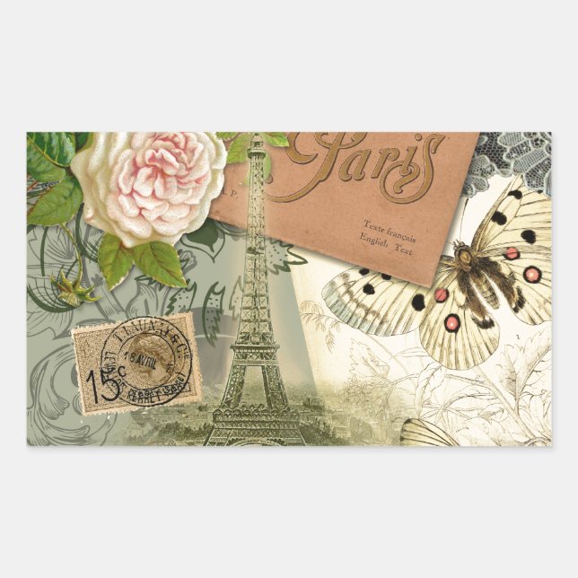 Sticker Rectangulaire Paris France Art Antique Collage Eiffel Français (Devant)