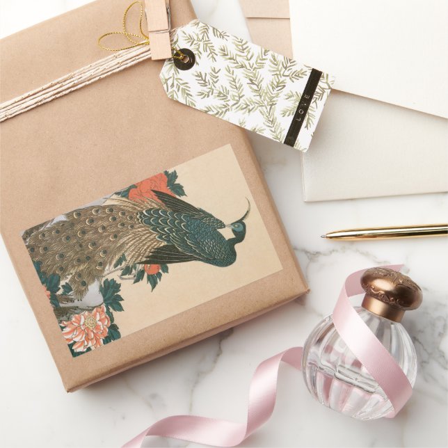 Sticker Rectangulaire Peacock and Peonies de Hiroshige, Art japonais (Cadeaux)