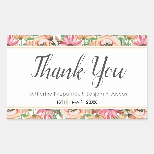 Sticker Rectangulaire Pêcher le Merci Mariage Floral (Devant)