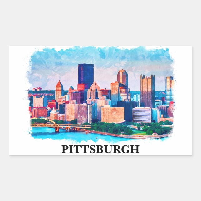 Sticker Rectangulaire Peinture d'aquarelle de Pittsburgh Cityscape (Devant)