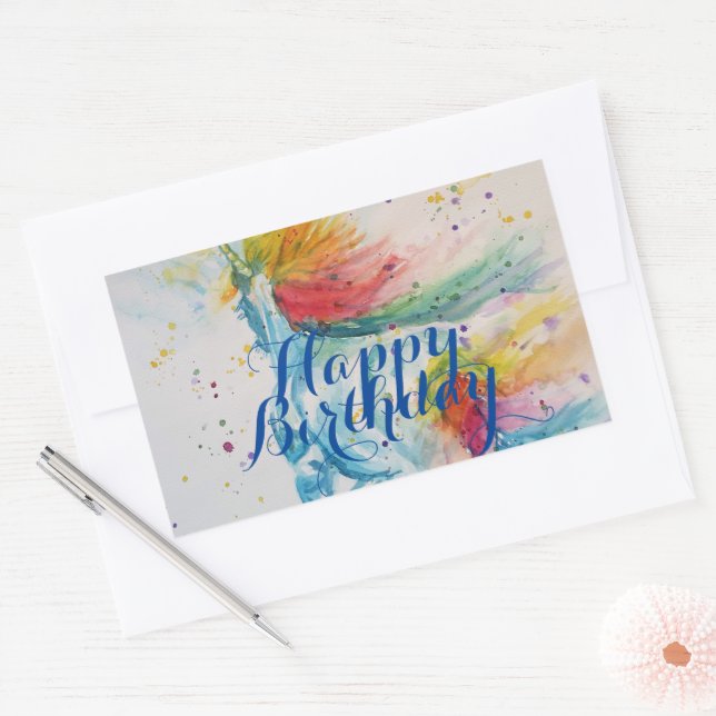 Sticker Rectangulaire Peinture Unicorne Joyeuse aquarelle d'anniversaire (Enveloppe)