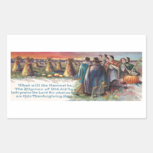 Sticker Rectangulaire Pèlerins et Citrouille Vintage Thanksgiving