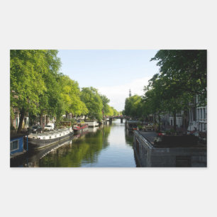 Sticker Rectangulaire Péniches sur un canal d'Amsterdam