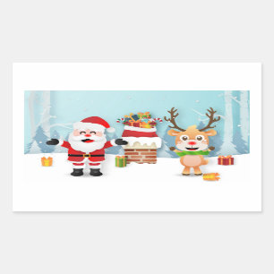 Sticker Rectangulaire Père Noël Et Rennes