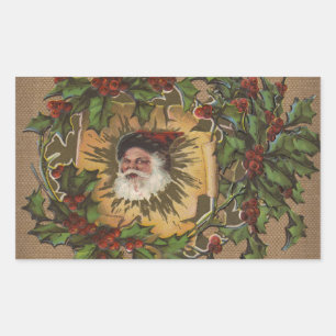 Sticker Rectangulaire Père Noël Vintage Antique Houx Noël