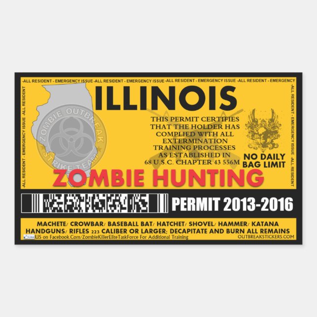 Sticker Rectangulaire Permis de chasse zombie Illinois (Devant)