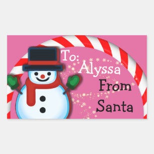 Sticker Rectangulaire Personnalisé de Père Noël Snowman Pink Christmas