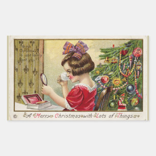Sticker Rectangulaire Petite fille avec miroir de maquillage Noël