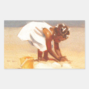 Sticker Rectangulaire Petite fille mignonne jouant dans le sable