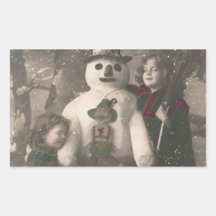 Sticker Rectangulaire Photo de Christmas Girls et Snowman Vintage