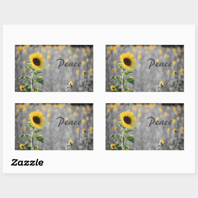 Sticker Rectangulaire Phrase "Paix", Champ de tournesols, Noir & Blanc (Feuille)