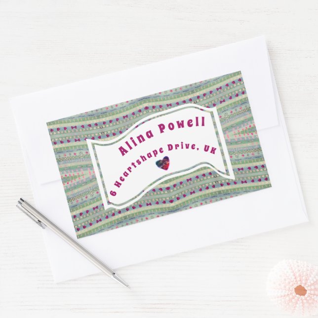 Sticker Rectangulaire Pink and Green Pretty Hearts Adresse du Motif (Enveloppe)