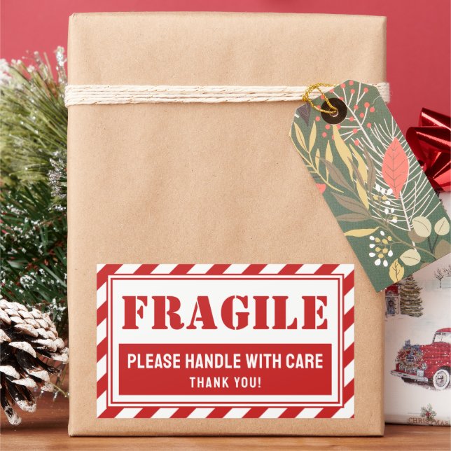 Sticker Rectangulaire Poignée Fragile Avec Soin Red Stripes Emballage (vacances)