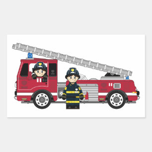 Sticker Rectangulaire Pompier à caricature mignonne et moteur incendie