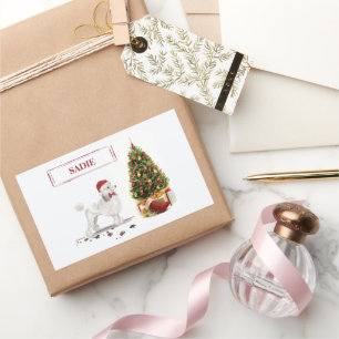 Sticker Rectangulaire Poodle blanc Funny Chien de Noël avec arbre