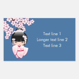 Sticker Rectangulaire Poupée Kokeshi au kimono rose sur fond bleu