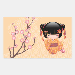 Sticker Rectangulaire Poupée Ume Kokeshi - Japonaise Pêche Geisha Girl