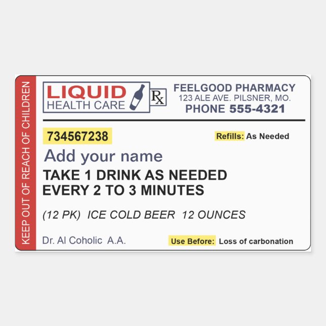 Sticker Rectangulaire Prescription de bière (Ajouter votre nom) (Devant)