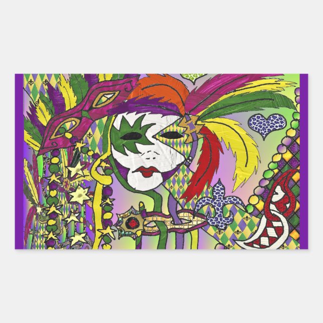 Sticker Rectangulaire Psychédélique Mardi Gras Plumes Masques Cadeaux Vê (Devant)