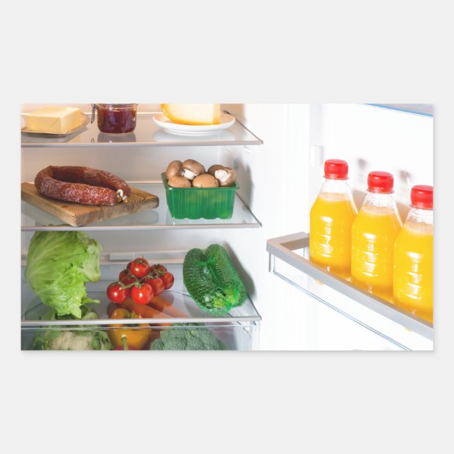 Sticker Rectangulaire Réfrigérateur ouvert rempli de nourriture (Devant)