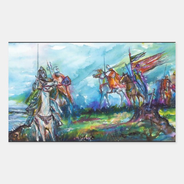 Sticker Rectangulaire RIDERS DANS LA TEMPÊTE Chevaliers Médiévaux Horseb (Devant)