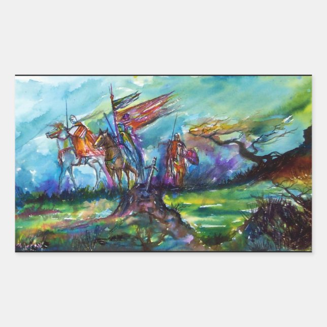 Sticker Rectangulaire RIDERS DANS LA TEMPÊTE Chevaliers Médiévaux Horseb (Devant)