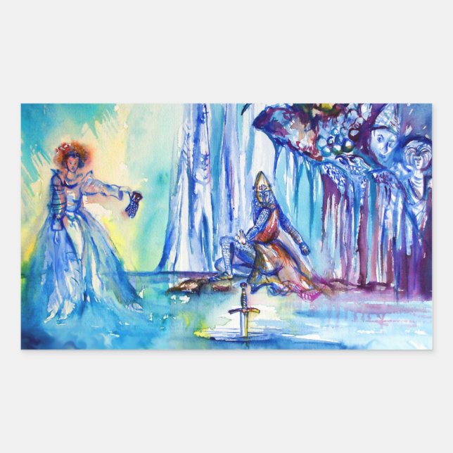 STICKER RECTANGULAIRE ROI ARTHUR, DAME DU LAC ET EXCALIBUR (Devant)