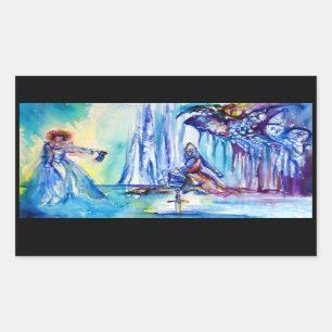 STICKER RECTANGULAIRE ROI ARTHUR, LADY DU LAC ET EXCALIBUR