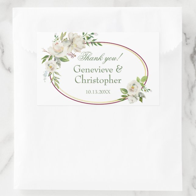 Sticker Rectangulaire Rose blanche Mariage de Boho Floral Bourgogne (Sac)