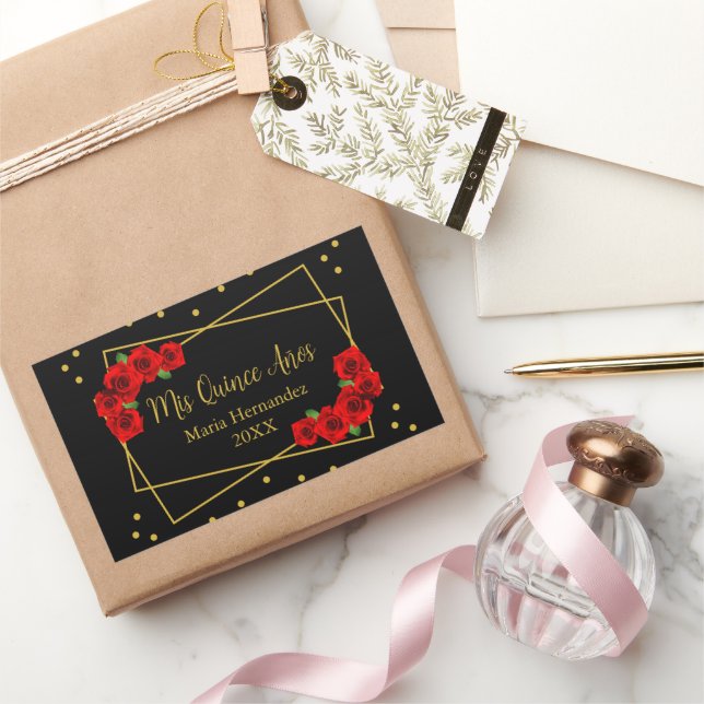 Sticker Rectangulaire Rose rouge Noir et or Quinceañera (Cadeaux)