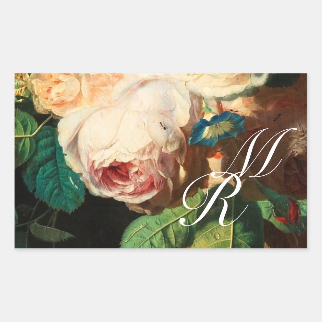 STICKER RECTANGULAIRE ROSES ROSES ROSES ROSES ROSES BLANCHES ET MONOGRAM (Devant)