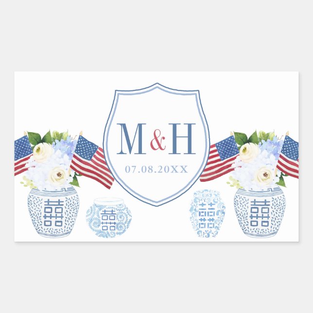 Sticker Rectangulaire Rouge Blanc Et Bleu Mariage Logo Chinoiserie Chic (Devant)
