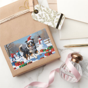 Sticker Rectangulaire Rough Collie Courir dans la neige avec le Casquett