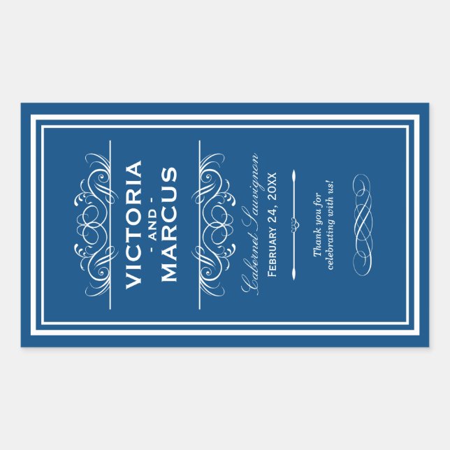 Sticker Rectangulaire Royal Bleu Élégant Mariage Monogramme Bouteille de (Devant)