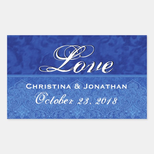 Sticker Rectangulaire Royal Blue Mariage Love Damask et ruban (Devant)