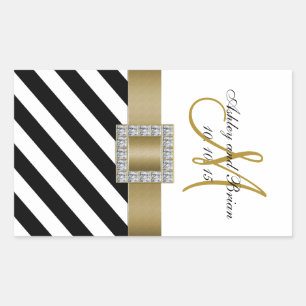 Sticker Rectangulaire Ruban Noir Ruban Or Vin Mariage initial