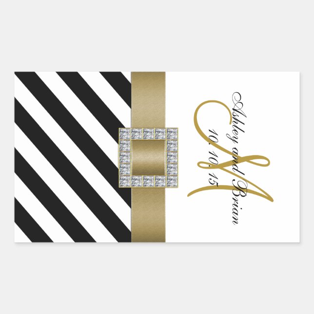 Sticker Rectangulaire Ruban Noir Ruban Or Vin Mariage initial (Devant)