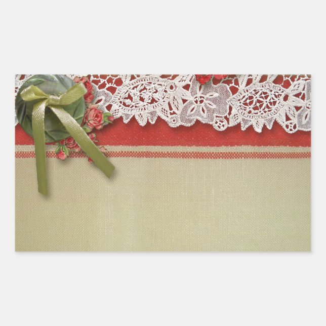 Sticker Rectangulaire Rubans Antique Rose Lace Rustique Rouge Victorien  (Devant)