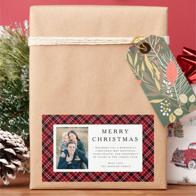 Sticker Rectangulaire Rustic Red Plaid Photo Christmas (vacances)