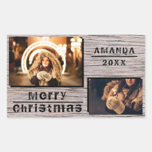 Sticker Rectangulaire Rustic Wood 2 Photo Collage Noël