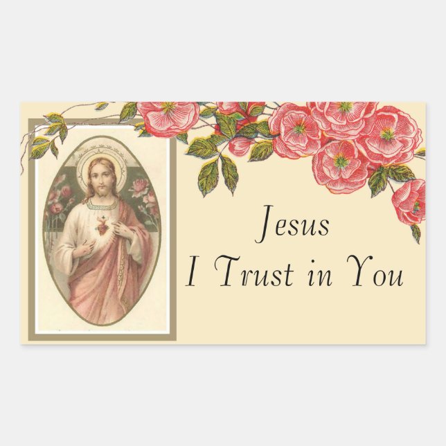 Sticker Rectangulaire Sacré Coeur de Jésus Frontière Florale (Devant)