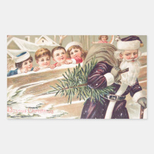 Sticker Rectangulaire Saint-Nicolas avec l'arbre et enfants vintages
