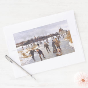 Sticker Rectangulaire Scène antique de patinage hivernal Village d'art r
