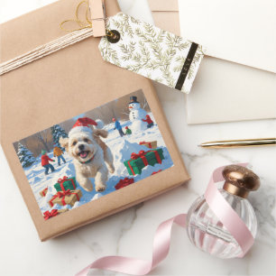 Sticker Rectangulaire Scène de neige festive de Noël Bichon Frise