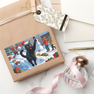 Sticker Rectangulaire Scène de neige festive de Noël Black Cat