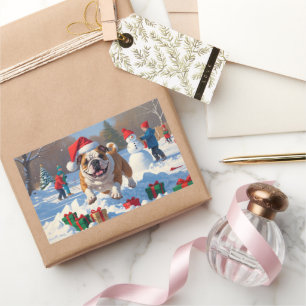 Sticker Rectangulaire Scène de neige festive de Noël Bulldog