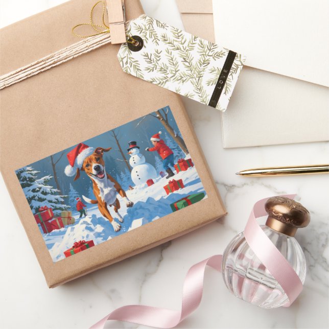 Sticker Rectangulaire Scène de Noël du Festival Basenji (Cadeaux)