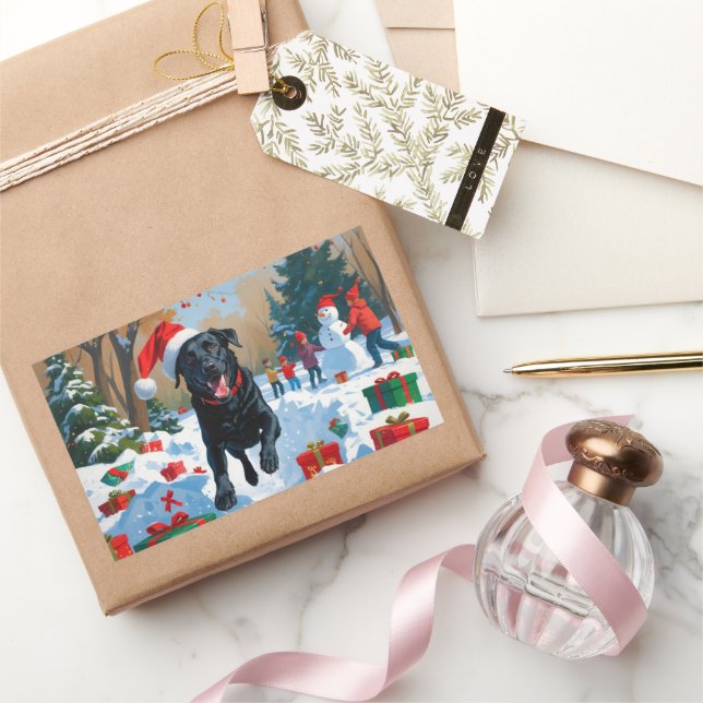 Sticker Rectangulaire Scène de Noël du Labrador noir (Cadeaux)