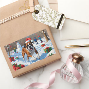 Sticker Rectangulaire Scène de Noël festive de Boxer dans la neige