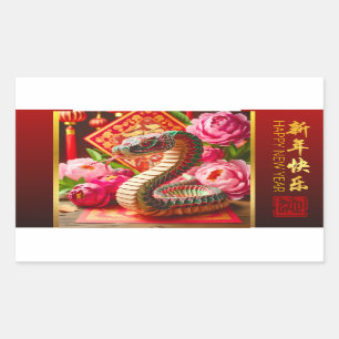 Sticker Rectangulaire Serpent et pivoines chinois Origami HRS